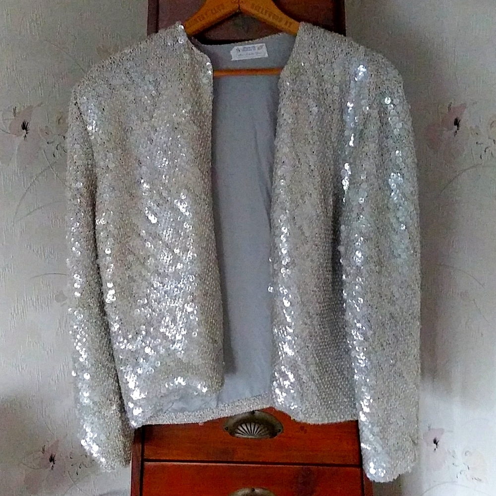 Hand Knit Vintage 1960' Sequin Open Jacket; Evening Wardrobe Piece; Unique